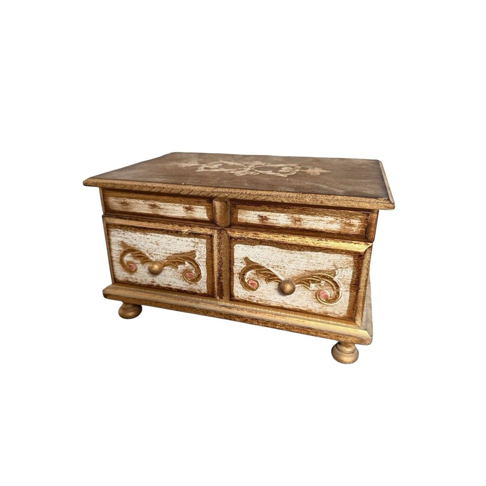 Vintage Florentine Gold Gilt Wood Music Playing Jewelry Box Farrington Japan